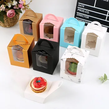 

10Pcs 1 Cavity Marble Paper Gift Box with Window Wedding Party Kraft Paper Box Cake Food Packaging Candy Dragee Cookies Cupcake