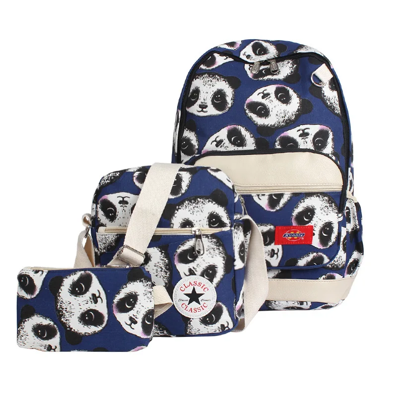 Best New Panda three piece backpack girl wild backpack fashion canvas  bag student bag Creative design classic backpack