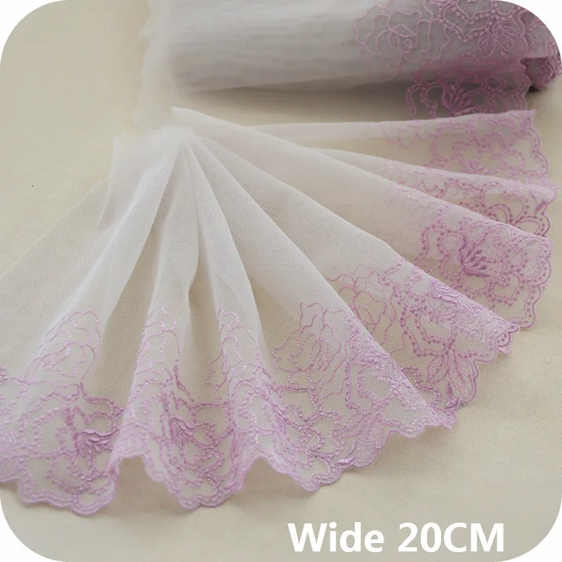 

20CM Wide Luxury Gray Mesh Needlework Fabric Violet Floral Embroidered Lace Ribbon Handmade DIY Clothing Dress Sewing Material