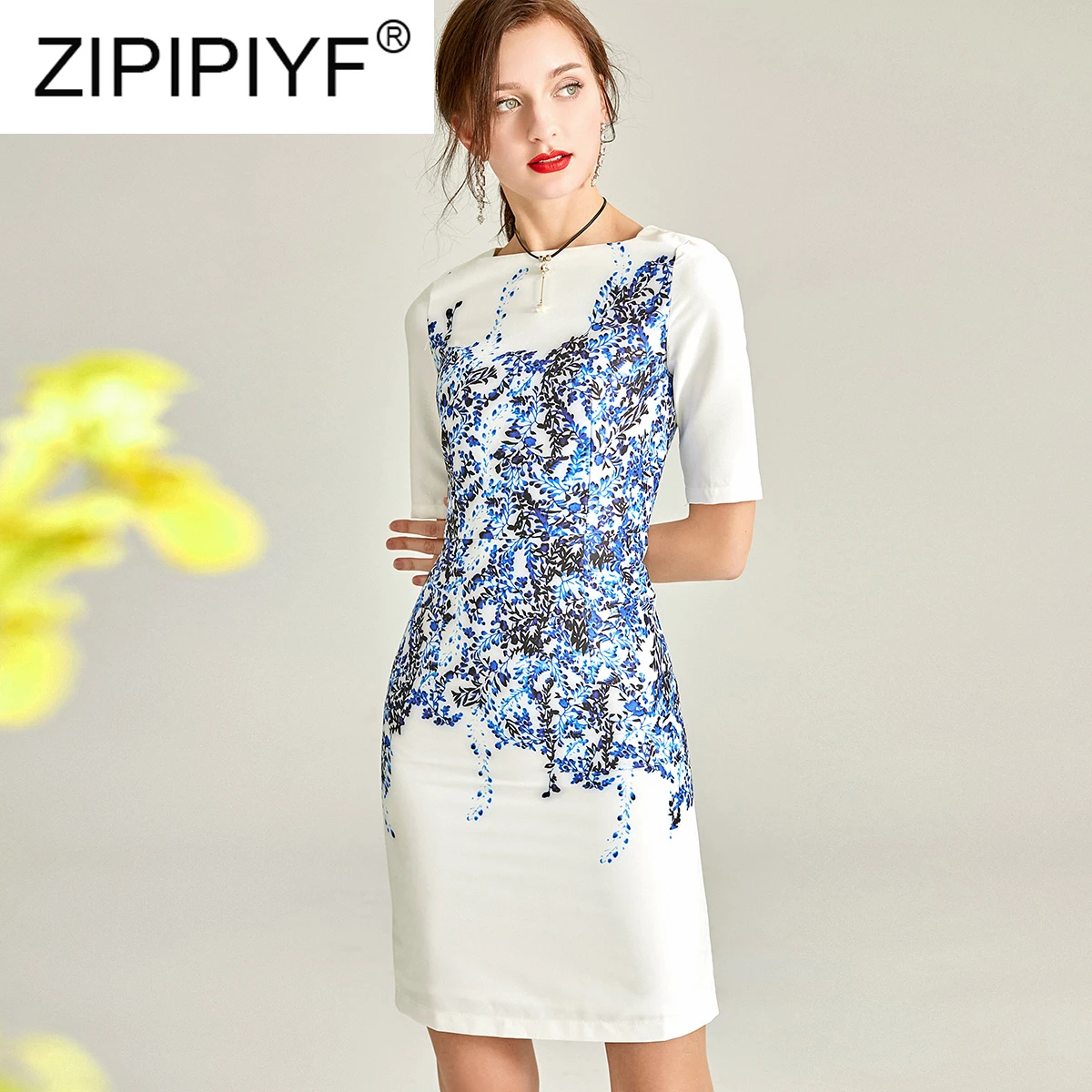 2020 Spring Summer New Fashion Elegant Dress Square Collar Half Sleeve Straight Chiese Style Knee-Length Slim Y94 | Женская одежда