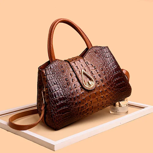 brown Роскошная сумка из крокодиловой кожи, женская сумка, дизайнерская модная кожаная сумка на плечо, вместительная сумка-тоут, сумки, известный бренд - Цвет: brown