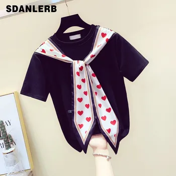 

Silk Scarves Stitching Lace-up Cotton Short Sleeve T-shirt Women 2020 Spring Summer New Loose T-shirt Female Tshirt Top