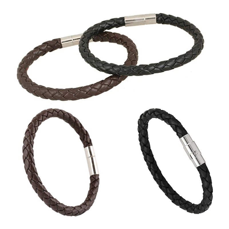 

1PC Black Men PU Leather Punk Boys Unique Zinc Alloy Weave Knit Brown Bracelet Gifts
