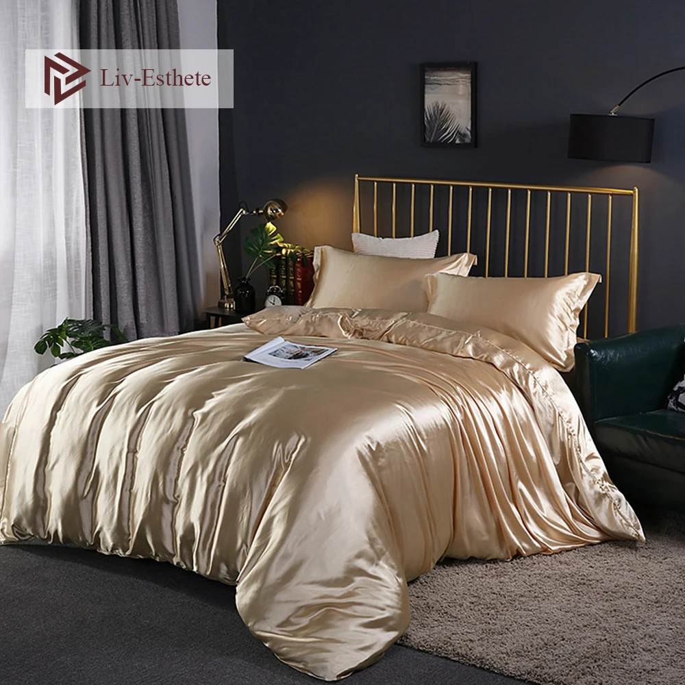 

Liv-Esthete Women Luxury 100% Silk Bedding Set Silky Duvet Cover Set Soft Flat Sheet Pillowcase Double Queen King Bed Linen Set