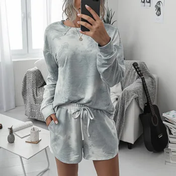 

Colorful Sleepwear Women New Home Wear Two Pieces Print Female Pajama Set Fashion tie-dye Nightwear Sleep Bottoms Nightgown