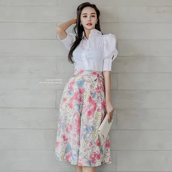 

2020 Elegant White Puff Sleeve Button Shirt Tops+Bow Print Skirt Beach Vacation Casual 2 Piece Set For Women Professional Suit