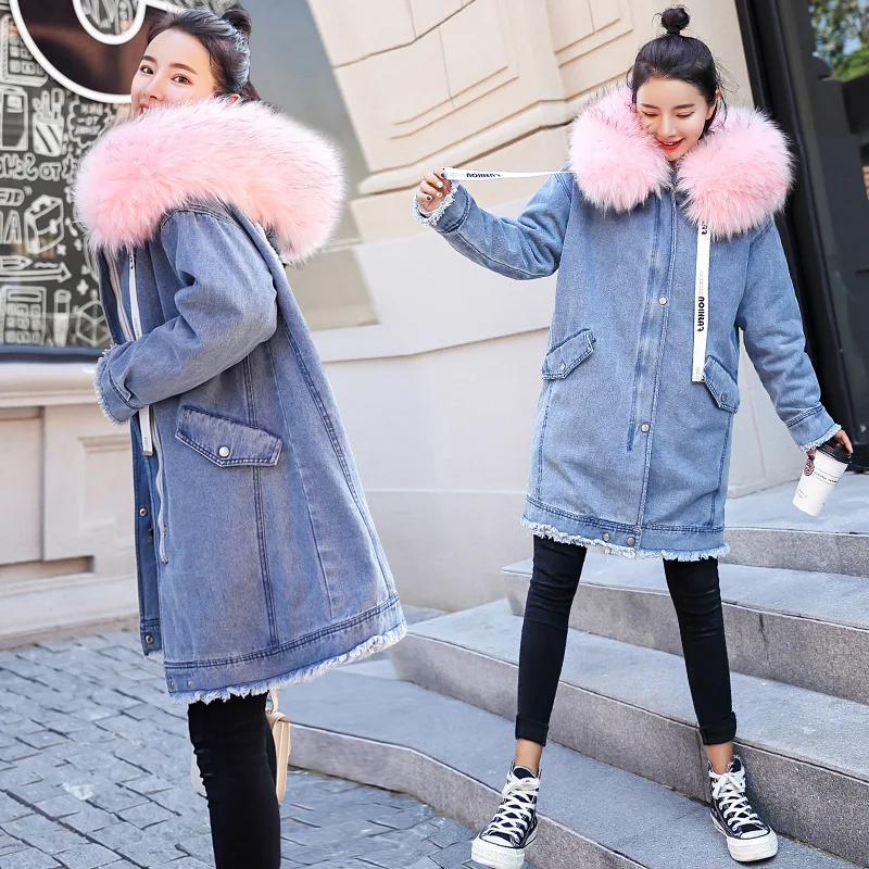 

Winter Cotton Dress Large Fur Collar plus Thick Nap Inner Wearing Deconstructable Two-Piece Set Mid-length Cowboy Cotton Overcoa