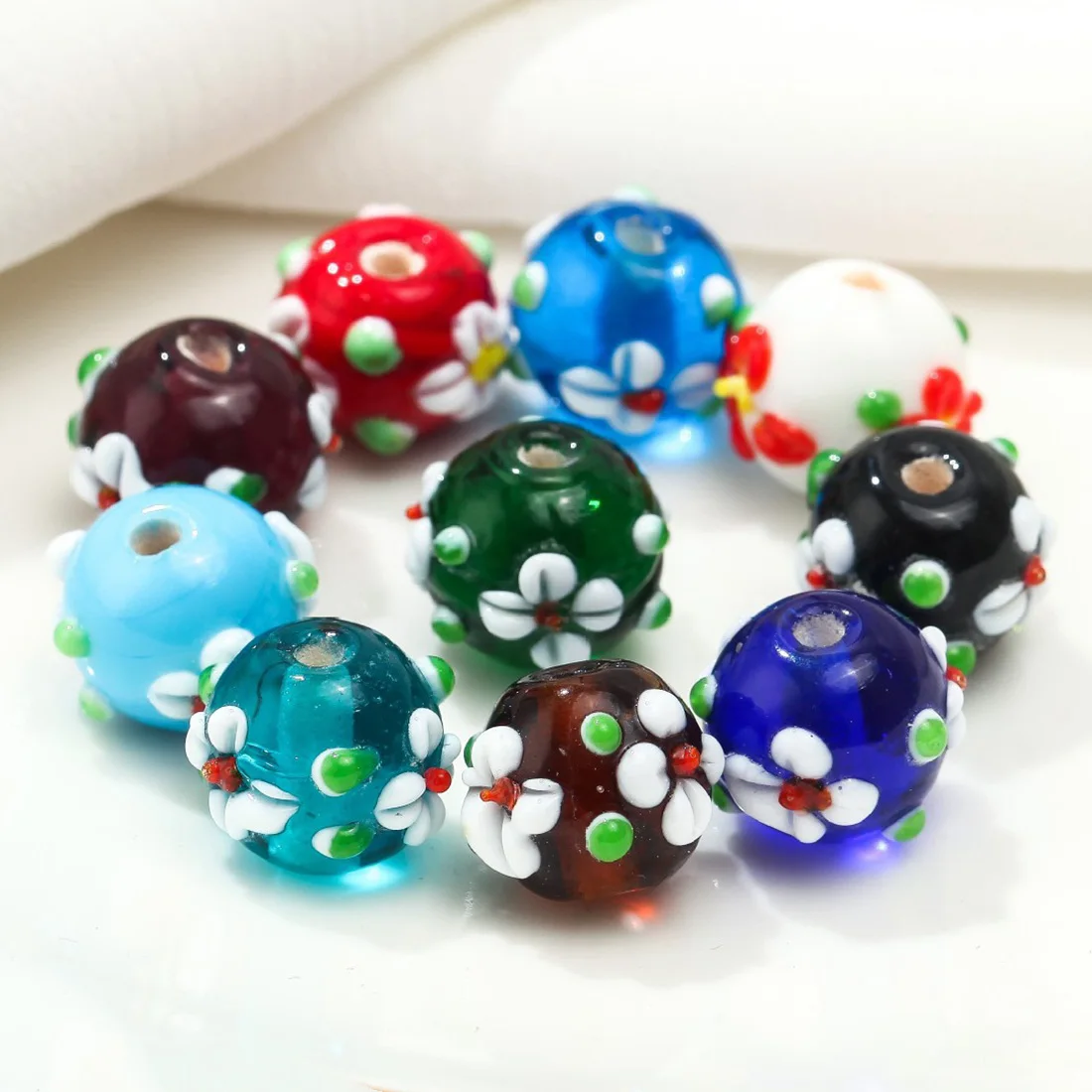 5pcs Flower Round 12mm Handmade Lampwork Glass Loose Beads for Jewelry Making DIY Crafts Findings