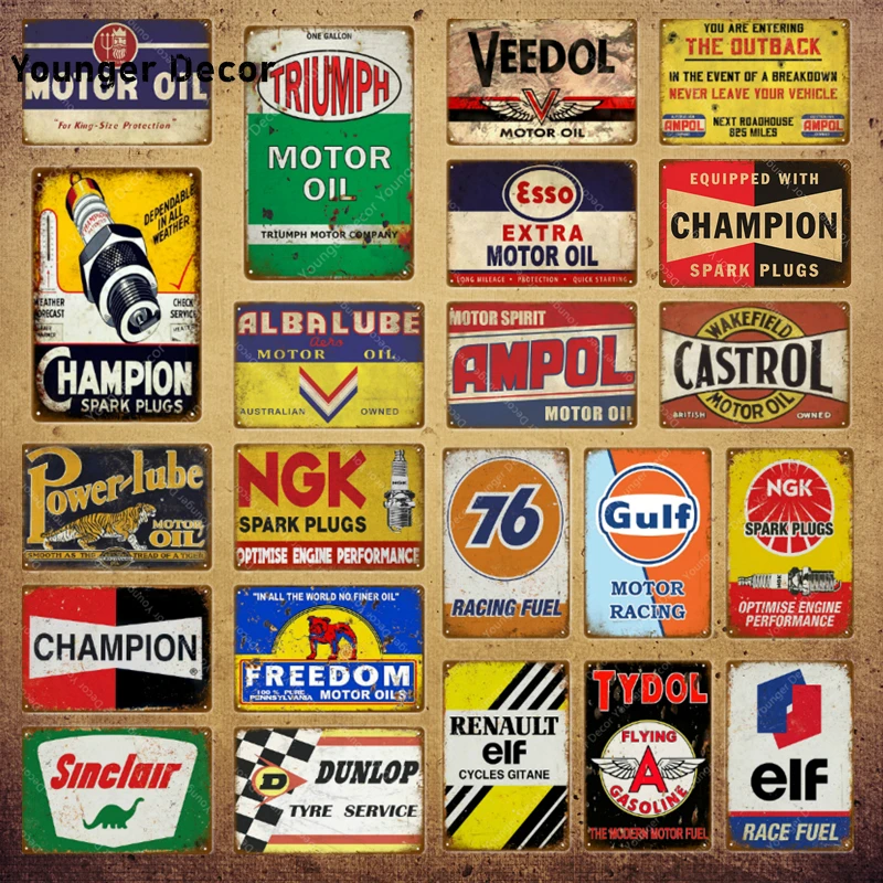 Vintage Alba Lube Motor Oil Metal Signs Power Lube Gasoline Garage Decor Ampol NGK Spark Plugs Art Poster Wall Plaque YI-142