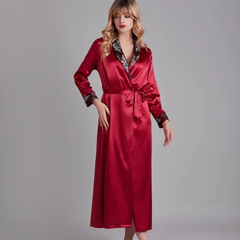 

Robe Satin Nightgown Female Spring New Kimono Bathrobe Gown Sleepwear Sexy Lace Intimate Lingerie Full Sleeve Home Clothes