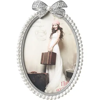 

Oval Ribbon Silver Plating Pearls Metal Photo Frame European Home Tabletop Decor Jeweled 3x3, 4x6, 5x7 Zinc Alloy Picture Frame