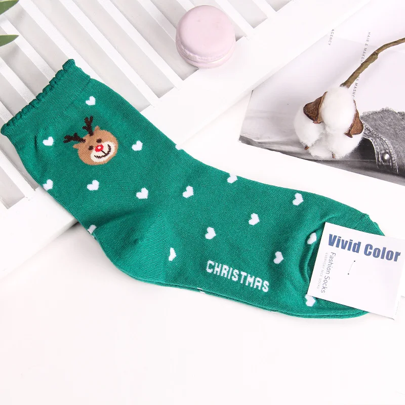 Однотонные рождественские носки с принтом в виде сердца; женские хлопковые носки с изображением снеговика, оленя, медведя, Санта-Клауса; милые модные носки с героями мультфильмов - Цвет: 4