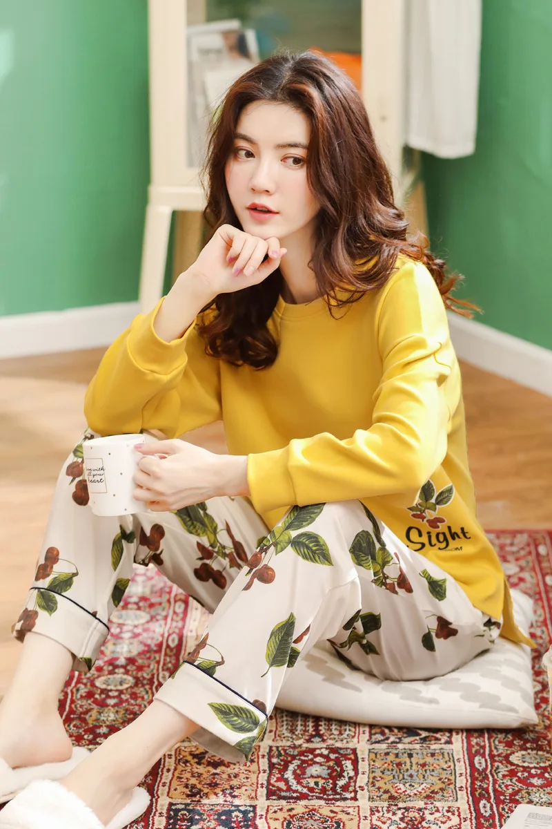 Hot Selling Autumn And Winter New Style Pajamas Women's Knitted Pure Cotton Long-sleeved Pullover Trousers Tracksuit Casual