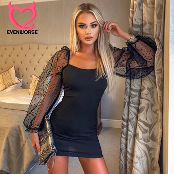 

Evenworse With Jacquard Contrast Mesh Lantern Sleeve Women Long Sleeve Solid Dresses Sexy square neck solid casual Mini Dress