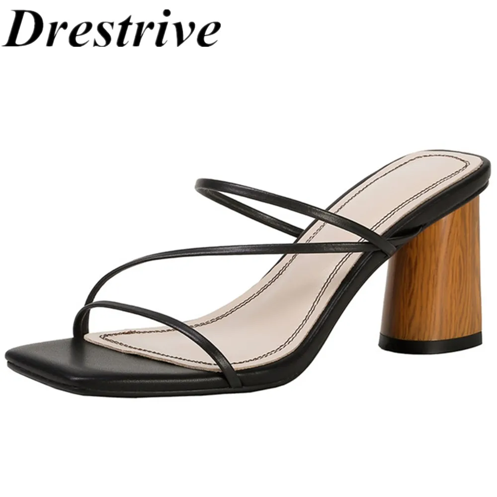 Drestrive/женские босоножки с круглым каблуком и квадратным носком; коллекция года; сезон лето; женская обувь на высоком каблуке; черные шлепанцы с тонким ремешком