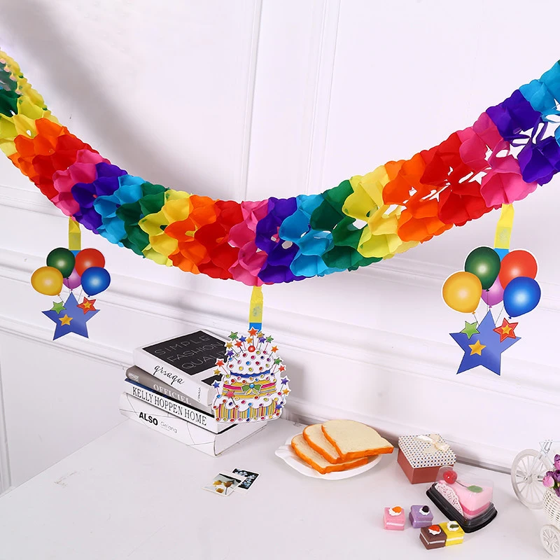 

3M Colorful Paper Pull Flower Garland DIY Paper Flower Wall Hanging with Cake Star Balloon Pattern Pendants Birthday Christmas D