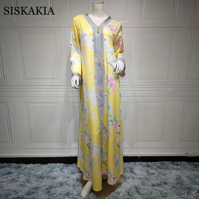 Siskakia Ramadan Eid Maxi Dress for Women Elegant Yellow Floral Lace Ribbon V Neck Dubai