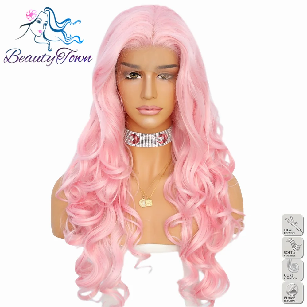 

BeautyTown Hand Tied Pink Color High Temperature Fiber Hair Long Wavy Heat Resistant Glueless Synthetic Lace Front Wig