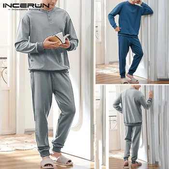 

INCERUN Men Pajamas Sets Autumn Solid Long Sleeve O Neck Sleepwear Elastic Waist Pants Leisure Cozy Homewear Mens Nightwear Sets
