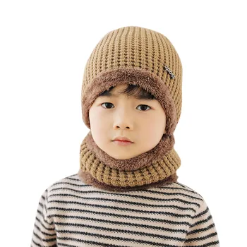 

Fleece Contrast Colors Cap Hat Warm Knitted Warm Winter Hats For Kid Hat+Scarf Two Piece Set Toddler Baby Knitted #1022
