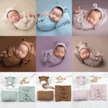 

Photo Newborn Baby Photography Set Wraps Swaddle 3pcs Set Bear Hat Pillow Photo Costumes Studio Props Boys Girls Clothing Bows