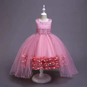 

Beads Floral Embroidery Child Party Trailing Tutu Birthday 5 Year Long Frock Fairy Girl Dress