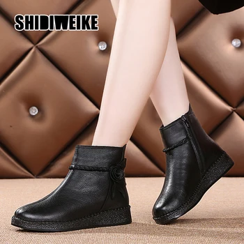 

Autumn winter Women Boots Genuine Leather Wedges Ankle Boots For Women Shoes Retro Flower Zipper Comfortable Ankle Boots v887