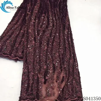 

Alisa popular african handmade bead lace fabric embroidered with sequins 5 yards/pcs french net laces fabrics for garment sewing