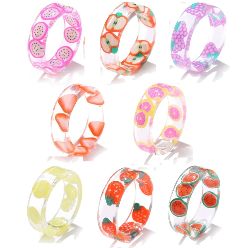 

8Pcs Resin Fruit Rings Set Cute Transparent Plastic Resin Ring Jewelry for Women Teen Girl Indie Aesthetic