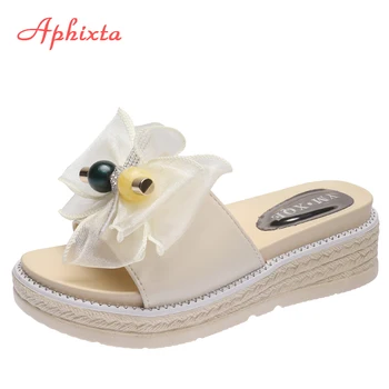 

Aphixta 5.5cm Wedges Heel Shoes Women Slides Crystals Butterfly-knot Open Toe Summer Light Women Pltform Slippers Wedge Sandals