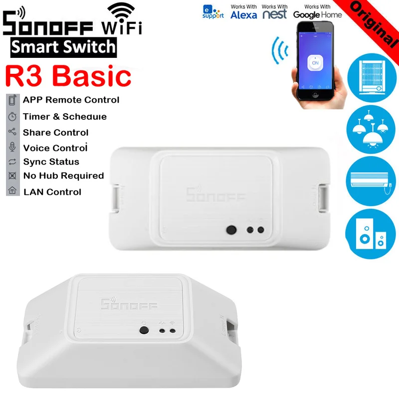 

SONOFF BASIC R3 Smart Support APP /LAN/Voice Remote Control ON/OFF WiFi Switch Light Timer DIY Mode With Alexa Google Home