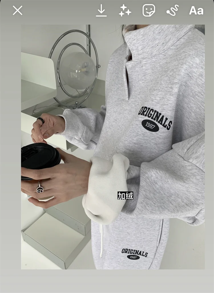 Bornladies 2022 Women Cotton Sweatshirt Suit Oversized Sets Female Stand Collar Loose Sweatshirt + Long Pants Suits Short Sets black pant suit
