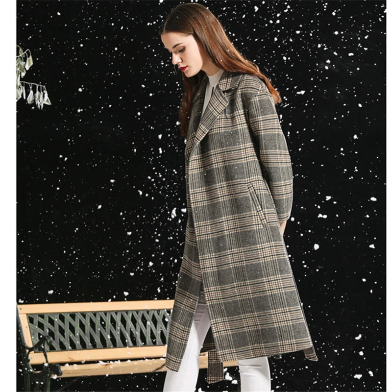 Осень и зима новое шерстяное пальто женское длинное клетчатое двухстороннее пальто для девушек