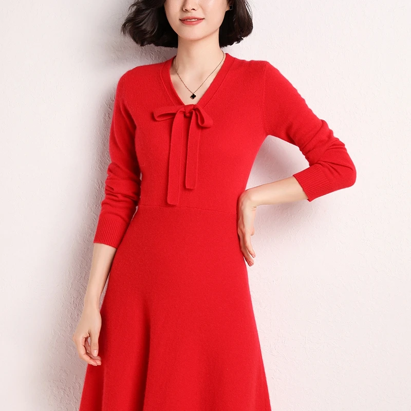 Женское элегантное миди кашемировое платье осень зима v-образный вырез эластичное женское с длинным рукавом винтажное мягкое платье - Цвет: Красный