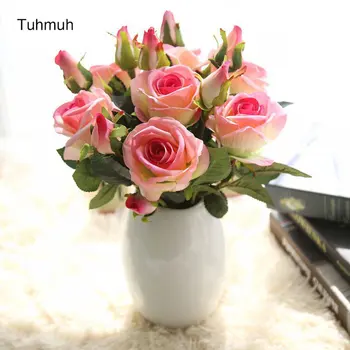 

10pcs/lot Silk Rose Artificial Flowers Fake Flower with Leaf Wedding Home Decoration 3 Heads 37cm Short Branch Plant
