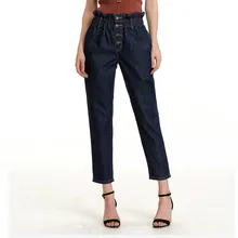 Джинсы для Для женщин Высокая Талия на резинке размера плюс Однобортный свободные мама синий серый черный; прямые джинсовые брюки 7xl 8xl
