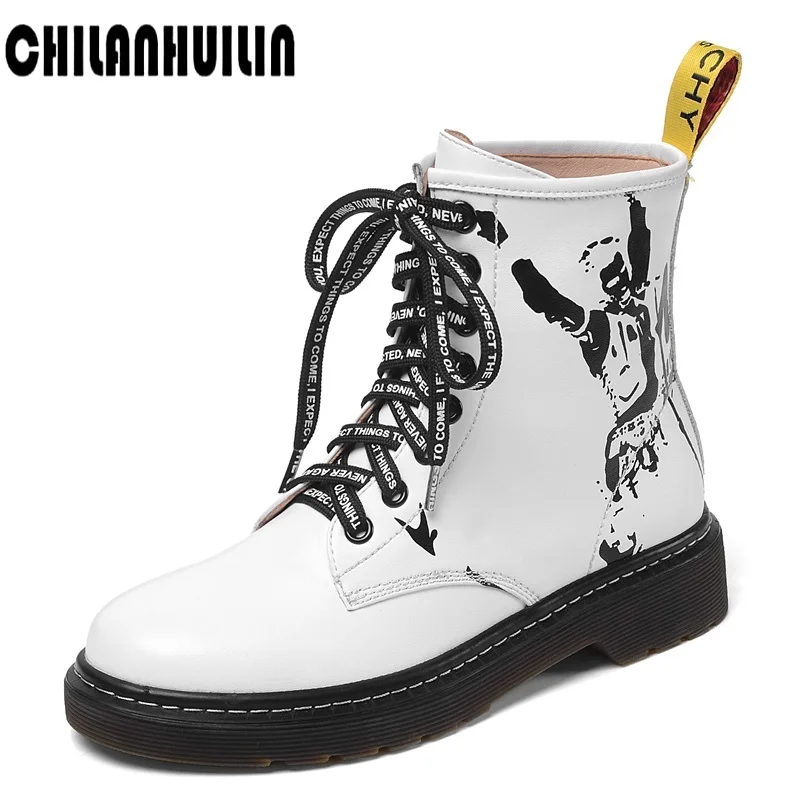 

autumn winter boots print leather martin boots lace-up women's boot female winter shoes round toe women ankle boots botas mujer