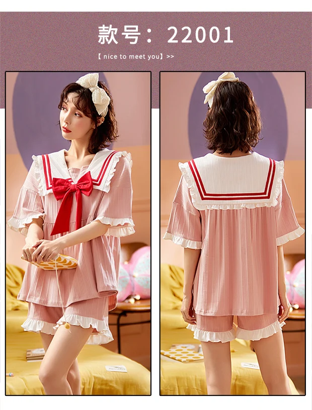 Conjuntos de Estilo Tops + Shorts do Vintage Verão Feminino Pijamas Universitário Japonês Algodão Azul Senhoras Casa Wear Kawaii Arcos Meninas 16 Cheap Conjuntos de pijama