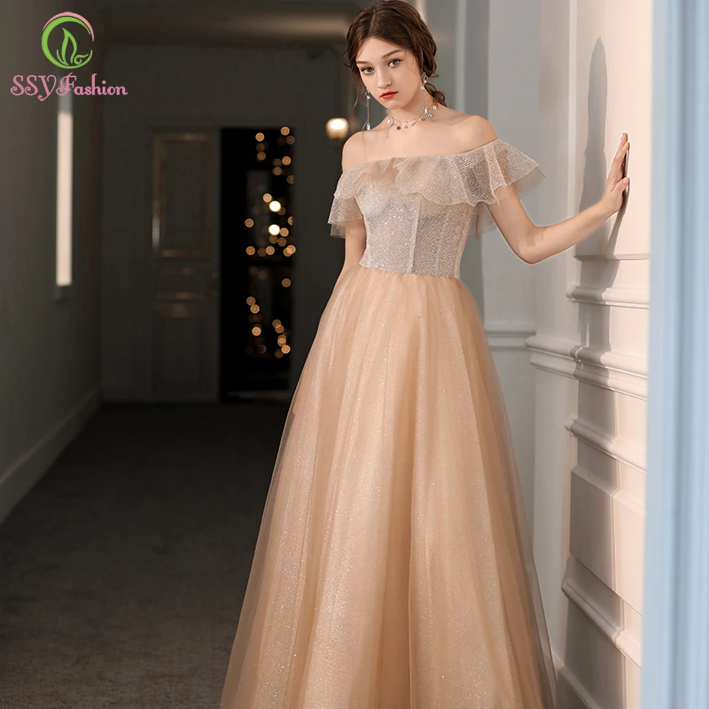 SSYFashion New Champagne Evening Dress Simple Banquet Elegant Sequins Shining A-line Floor-length Formal Gowns Vestidos De Noche | Свадьбы и