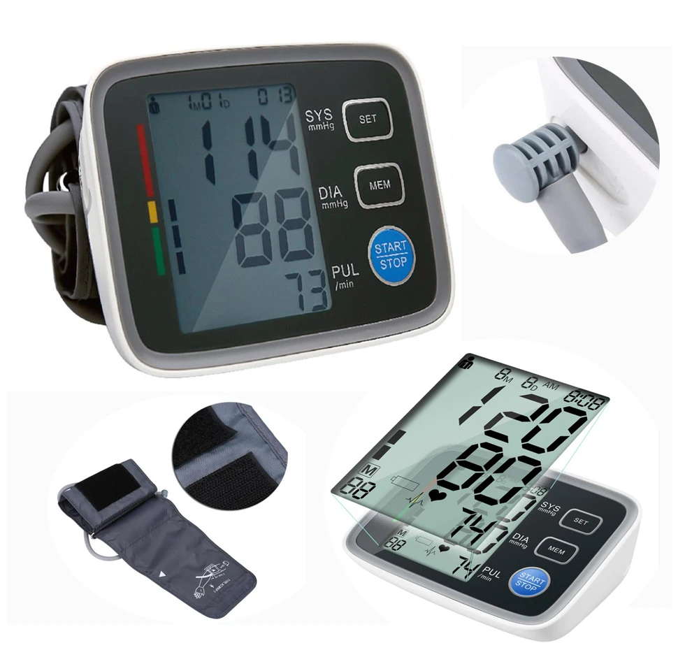 

Digital Blood Pressure Monitor heartbeat detection Wrist Tonometer Automatic Sphygmomanometer BP Meter Upper Arm Memory