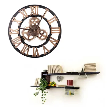 

3D Wall Clock European Retro Gear Clock Battery power Roman Digital Wooden Furniture 3D Bronzer Wall Clock Home Wall Decoration