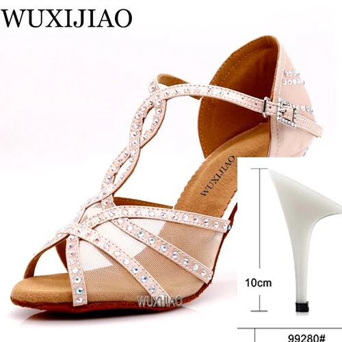 skin heel 10cm WUXIJIAOLatin/танцевальная обувь; женская обувь для ужина; обувь для танцев из сатиновой сетки черного цвета; блестящие стразы; обувь для сальсы; Высокий каблук 9 см - Цвет: skin heel 10cm
