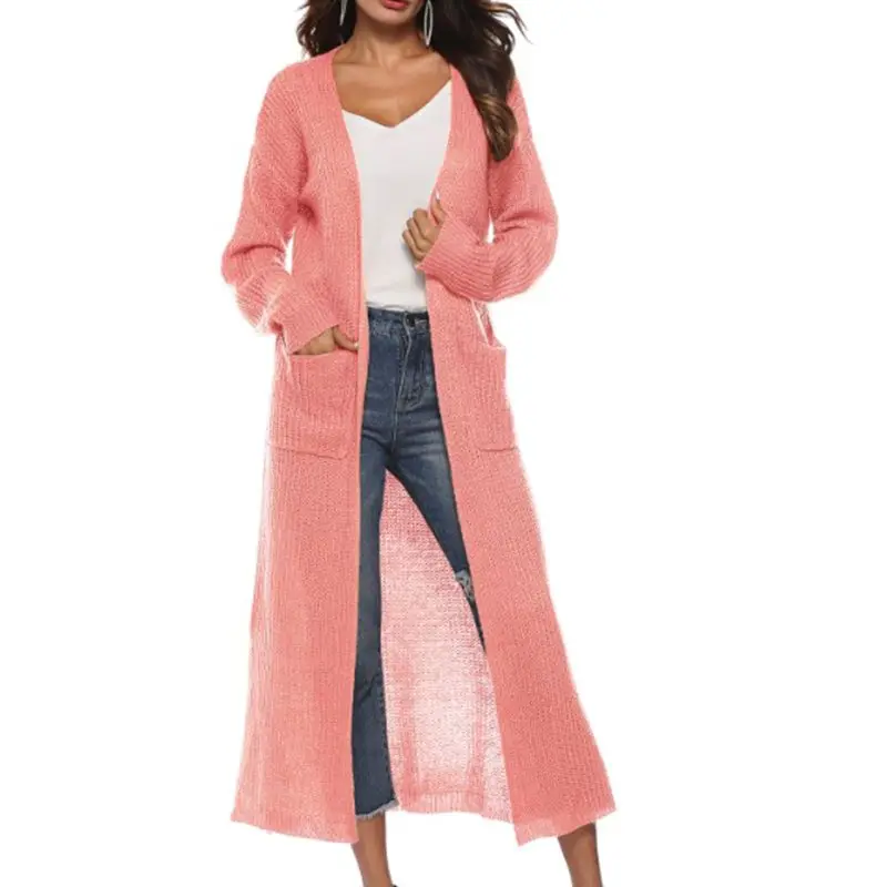 Женский кардиган с длинным рукавом и открытым передом, удлиненный кардиган с разрезом по бокам, однотонный вязаный свитер, необычное тонкое пальто с большими карманами - Цвет: Розовый