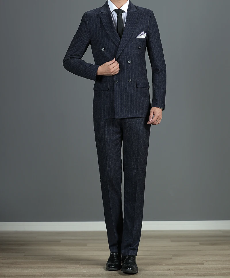 Description Picture 6 of item(Jacket + Vest + Pants) Mens Double-breasted Suit Fashion Groom Wedding Dress High-end Party Business Striped Slim Suit 3Pcs Set