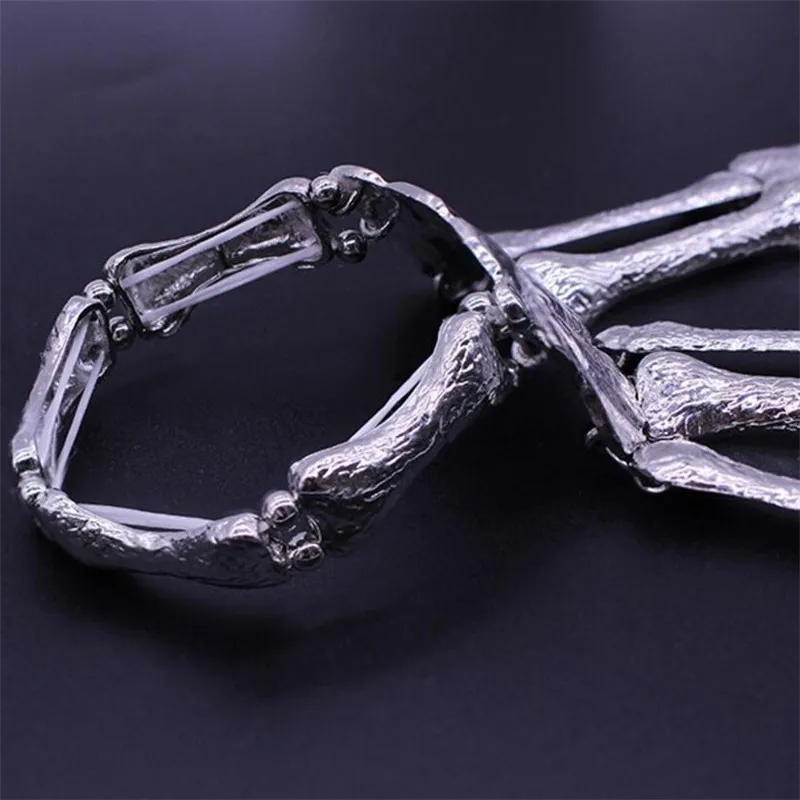ZRM Punk Gothic Skull Bracelet Hand Bone Bangles Flexible Metal Bracelets For Women Men Nightclub Party Hip Hop Jewelry