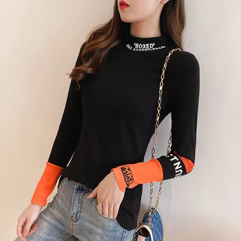 

Long-sleeved T-shirt Women's Thick Black Slim Fit Base Shirt 2020 Winter New Style Versatile Half-Turtle-Neck Tops 7909