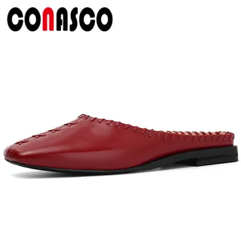 

CONASCO 2020 Summer New Euro Style Concise Casual Genuine Leather Women Sandals Mules Slippers Cross-Tied Flat With Shoes Woman