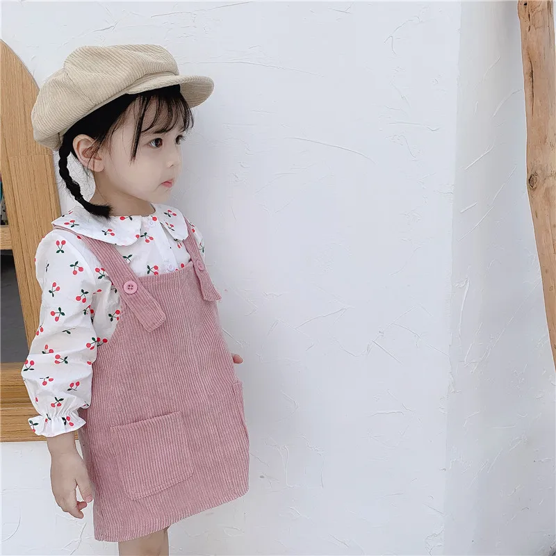 Платье для маленьких девочек осенняя одежда для маленьких принцесс Милая футболка с длинными рукавами и принтом вишни топы с вельветовым платьем комплекты одежды из 2 предметов