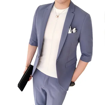 

Summer thin section tide men's five points sleeves suit 2pcs Set Slim Wedding fashion leisure travel solid color gentleman suit
