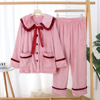 

Autumn Winter Pajama Set Women Flannel Lovely Pajama Mujer Female Solid Long Sleeve Sleepwear Suit With Pocket Casual Homewear